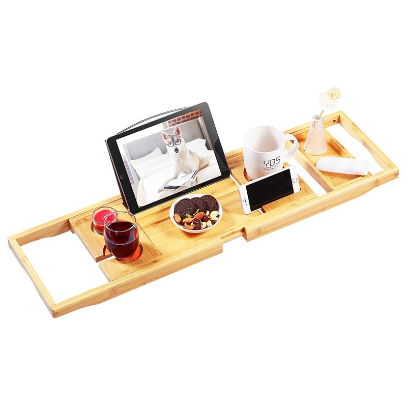 VaeFae Bamboo Bathtub Caddy Tray, Expandable Bath Tray for Tub with Upgraded Wine Slots and Book Holder - Ideal for One or Two Person Use - Image 1